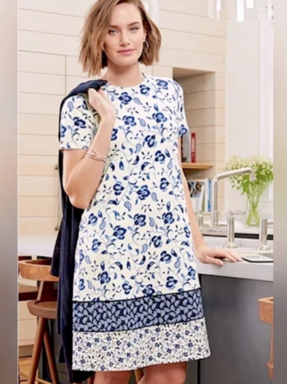 J. Jill | Wearever Perfect T Shirt Dress White Blue Floral Print Short Sleeve XL